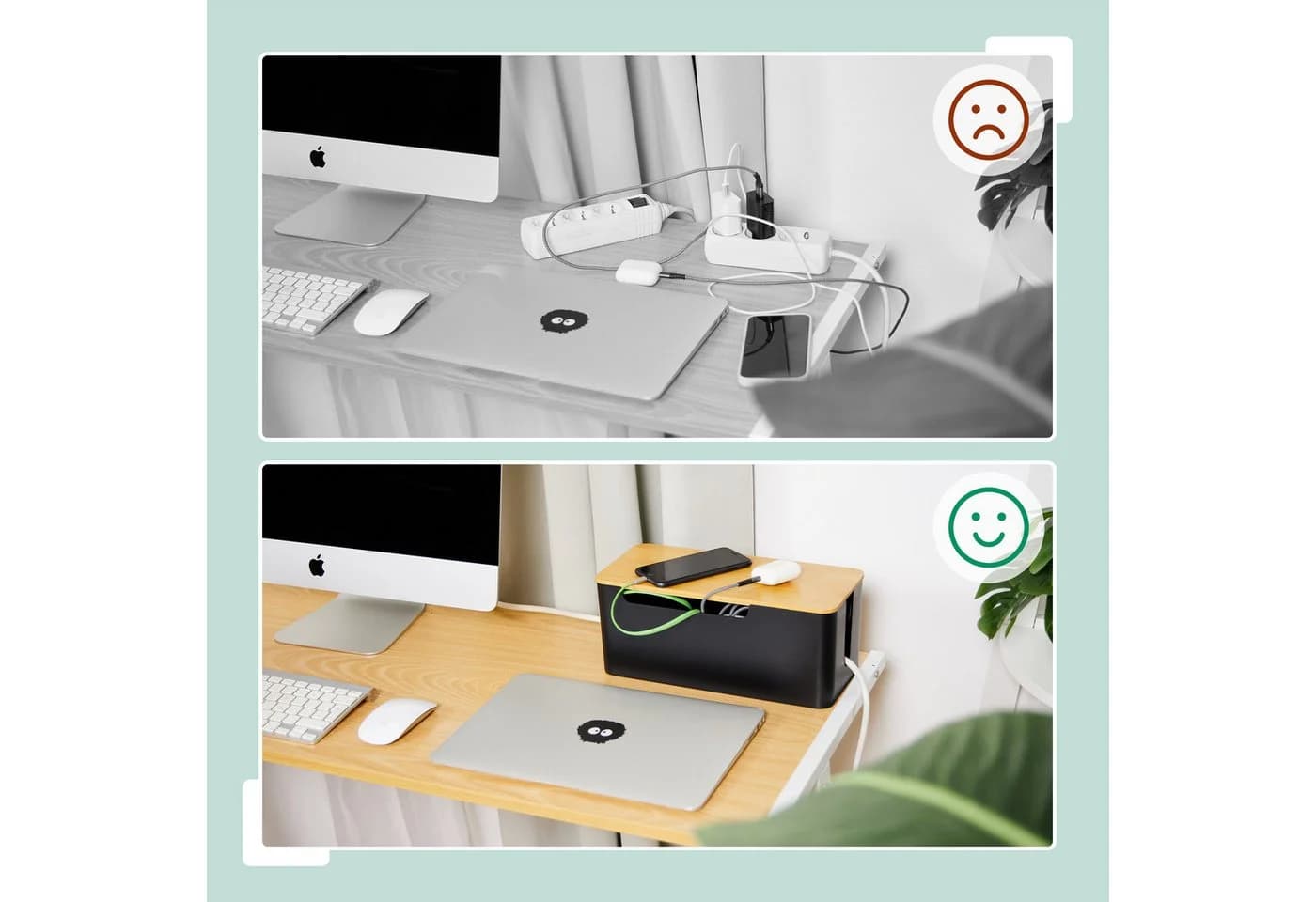 relaxdays Kabelbox Schwarz mit Bambusdeckel - Kabelmanagement Box