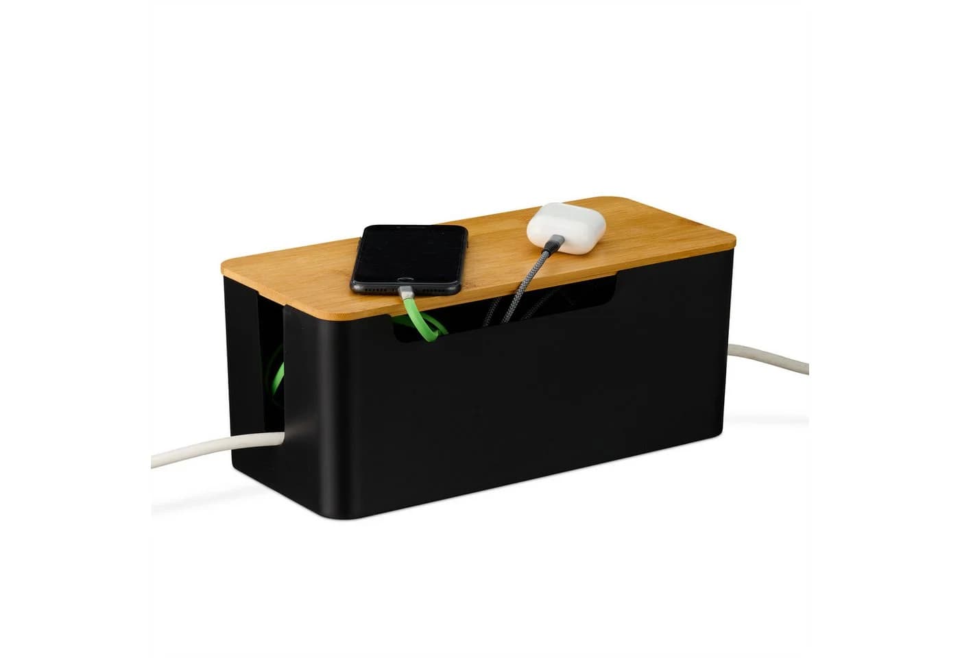 relaxdays Kabelbox Schwarz mit Bambusdeckel - Kabelmanagement Box - Bild 2