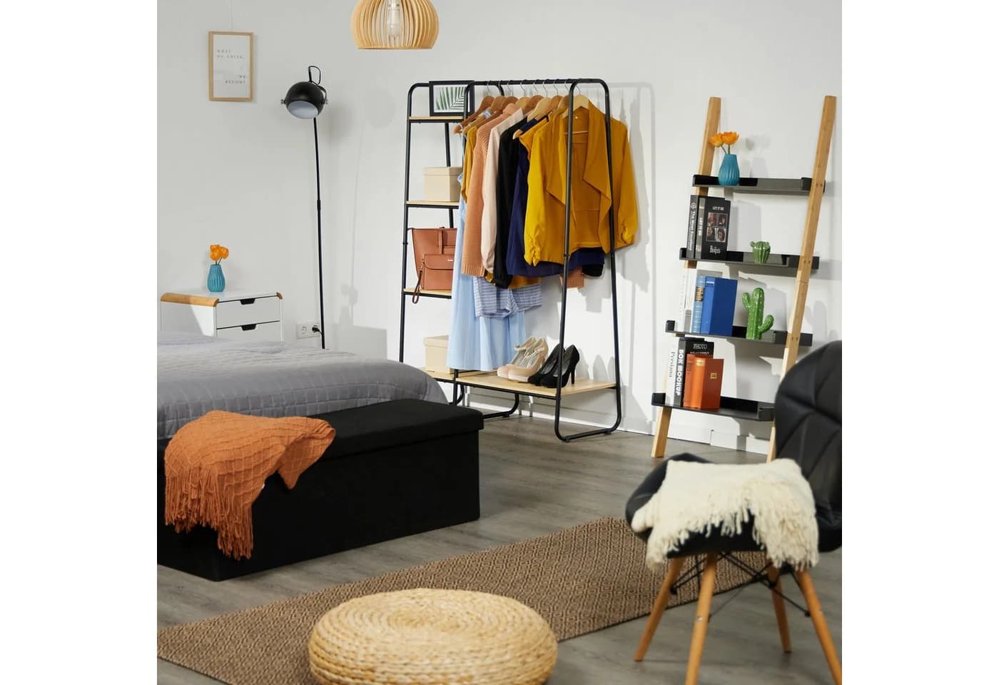 relaxdays Kleiderständer Garderobe mit Regal Schwarz/Natur