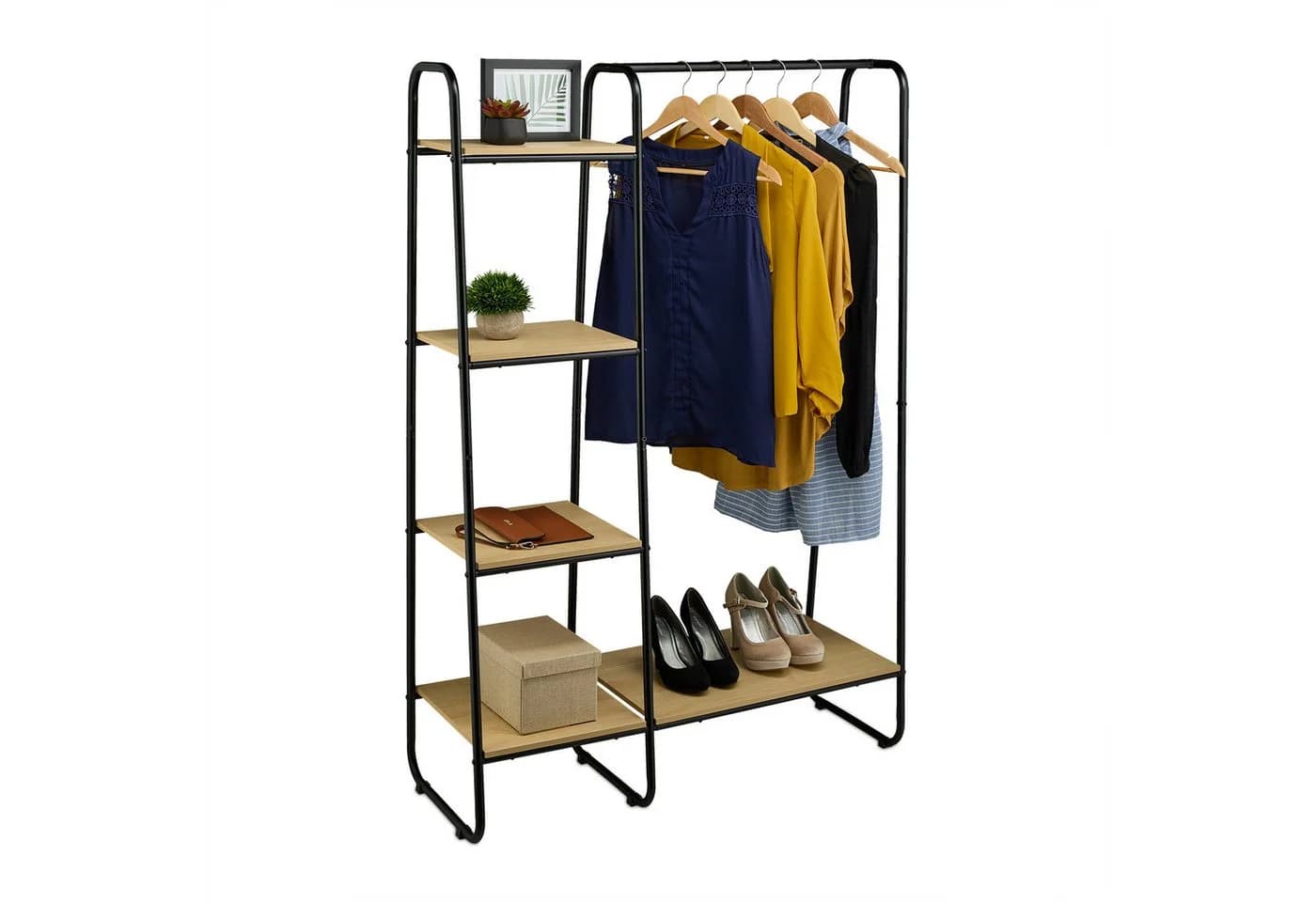 relaxdays Kleiderständer Garderobe mit Regal Schwarz/Natur - Bild 2