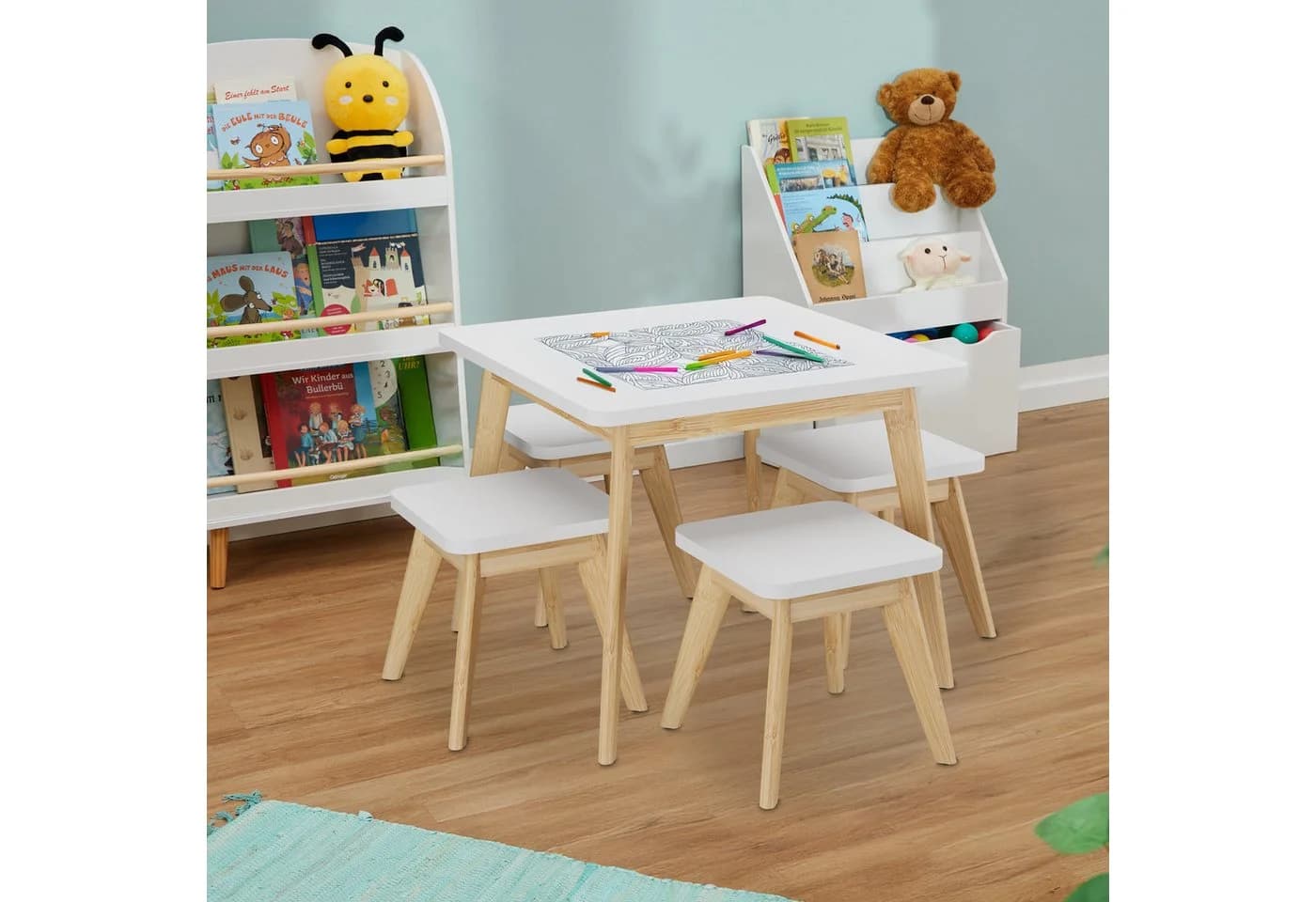 relaxdays Kindersitzgruppe 5-tlg. Weiß/Natur Bambus