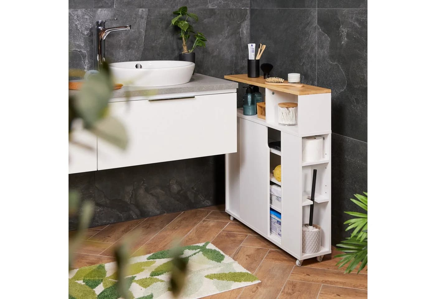 RELAXDAYS Badregal Weißer Nischenschrank mit Bambusablage