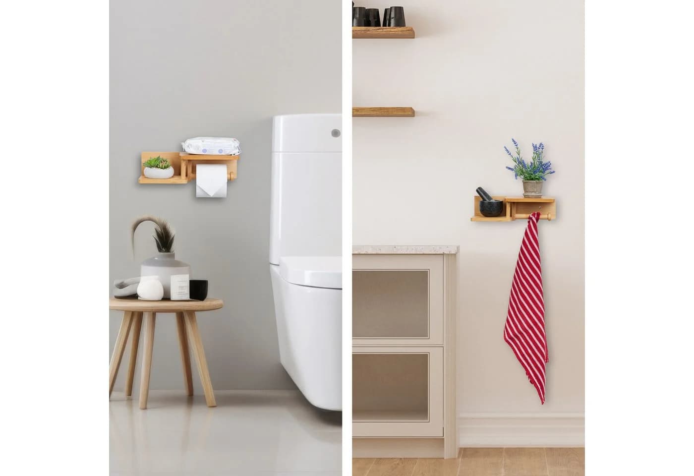 relaxdays Toilettenpapierhalter Bambus 2 Ablagen Modern