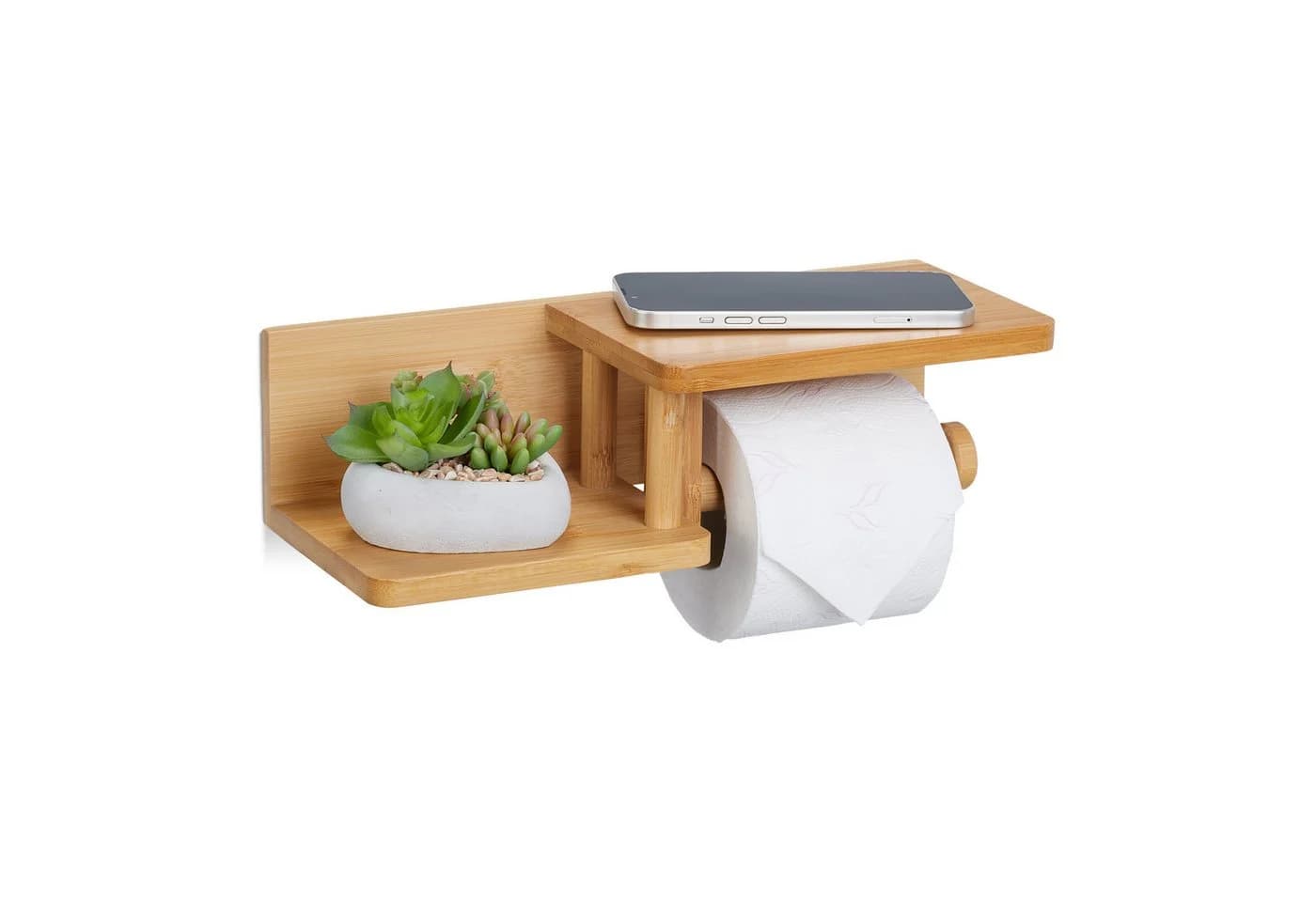 relaxdays Toilettenpapierhalter Bambus 2 Ablagen Modern - Bild 2