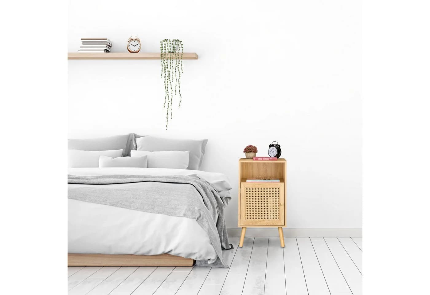 relaxdays Nachttisch Natur Holzoptik Rattan Bambus