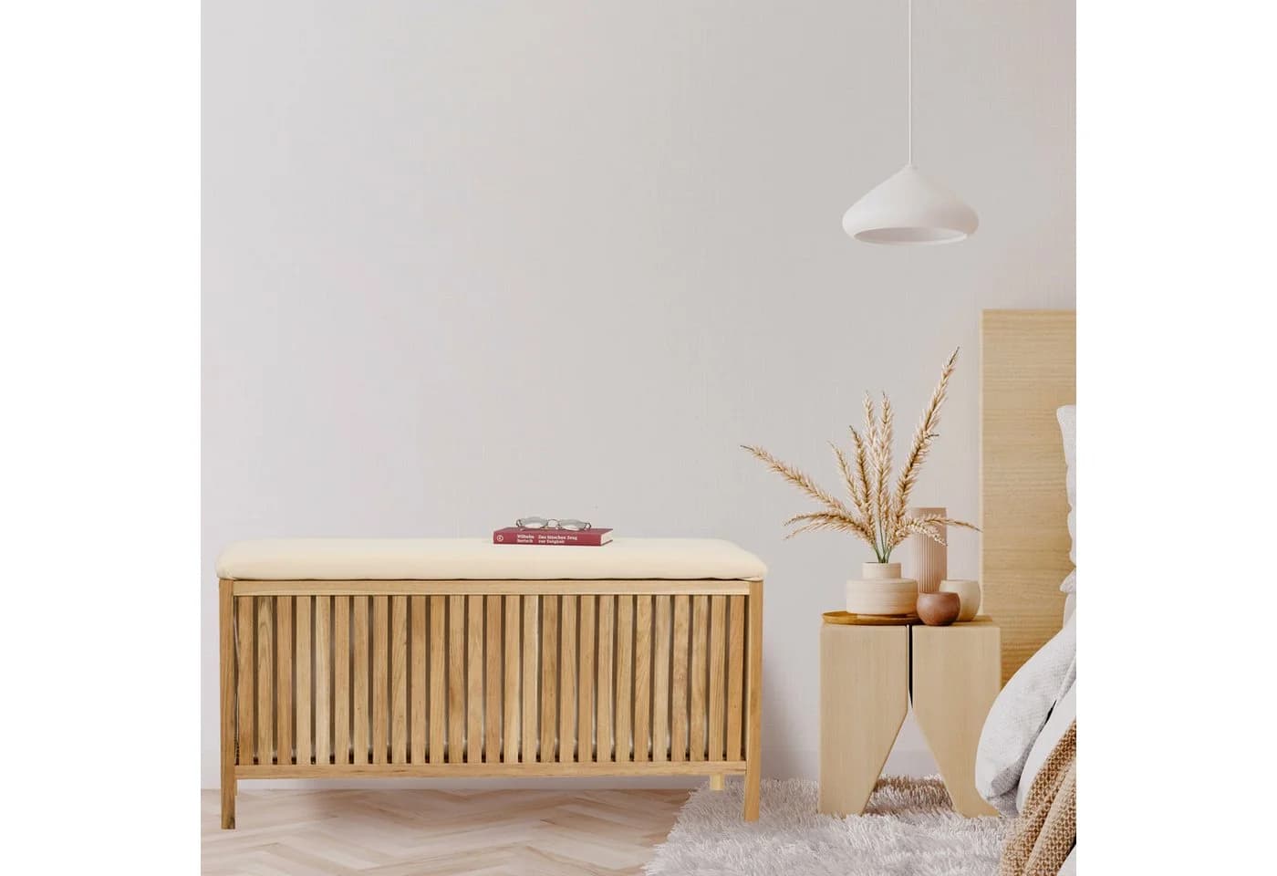 relaxdays Wäschekorb mit Sitzbank Walnussholz & Kissen - Bild 3