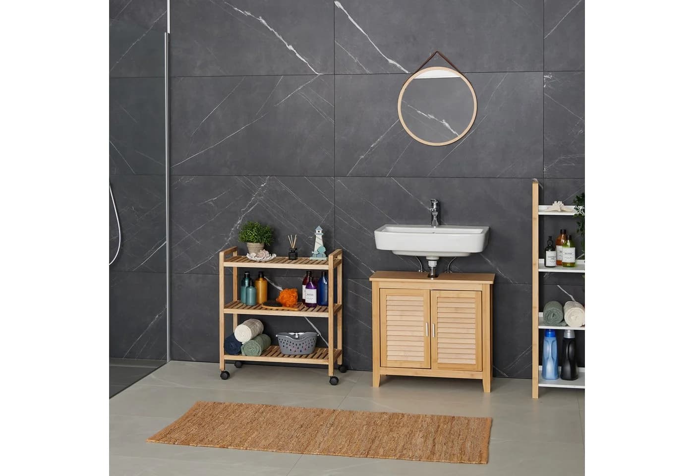 RELAXDAYS Badregal Holz mit Rollen - 3 Ablagen