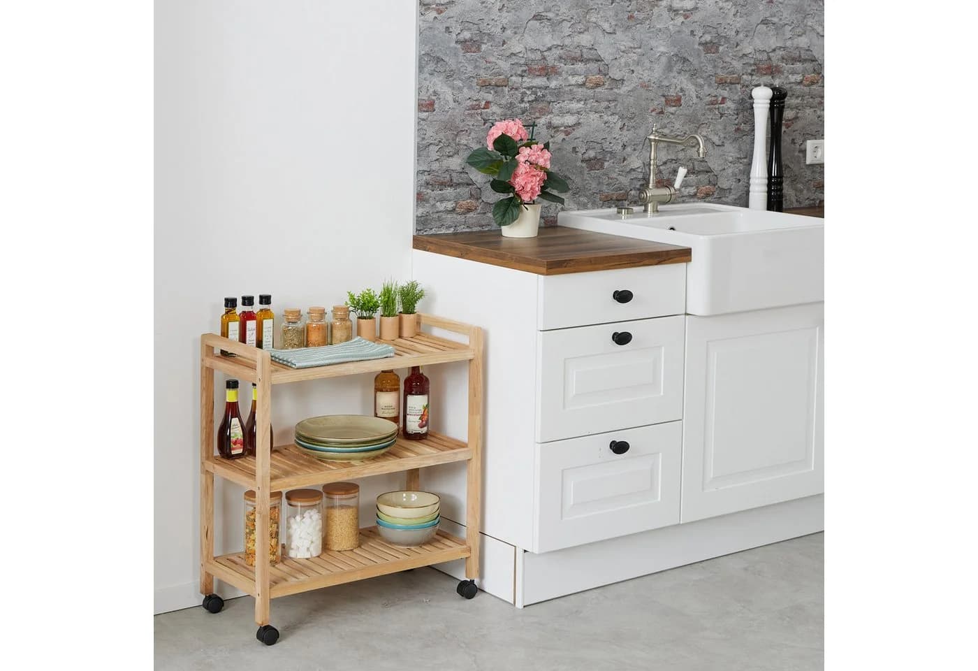 RELAXDAYS Badregal Holz mit Rollen - 3 Ablagen - Bild 3