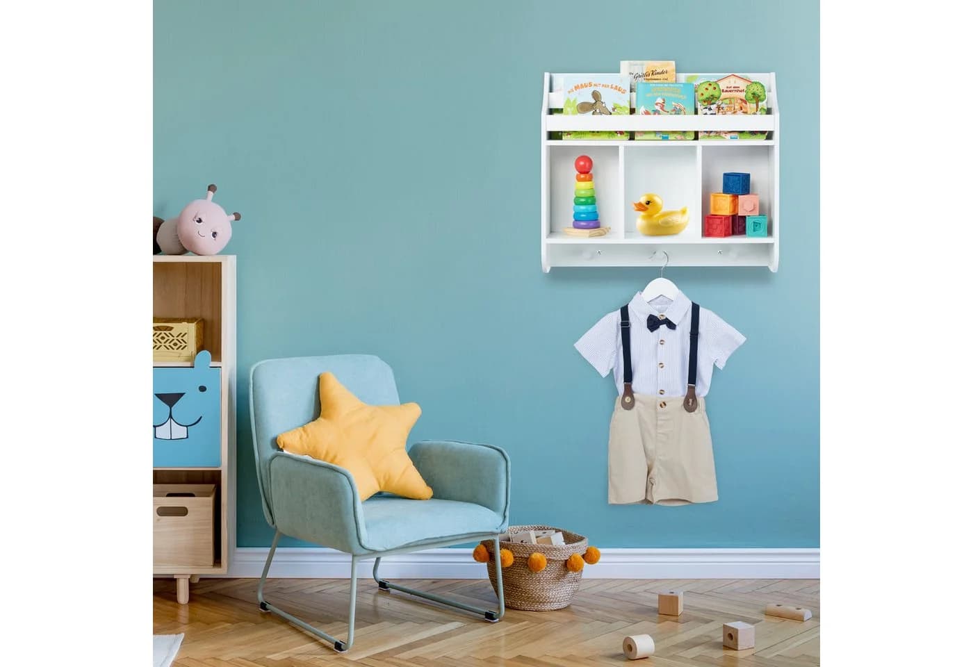 relaxdays Kinderregal Weiß mit 5 Fächern und 3 Haken