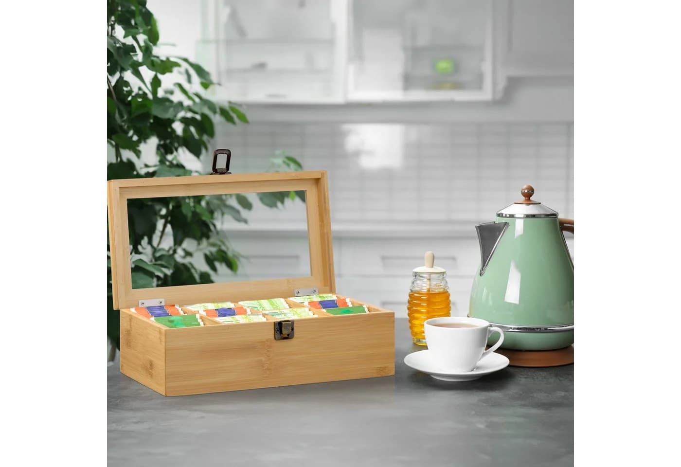 relaxdays Bambus Teebox mit 10 Fächern & Sichtfenster