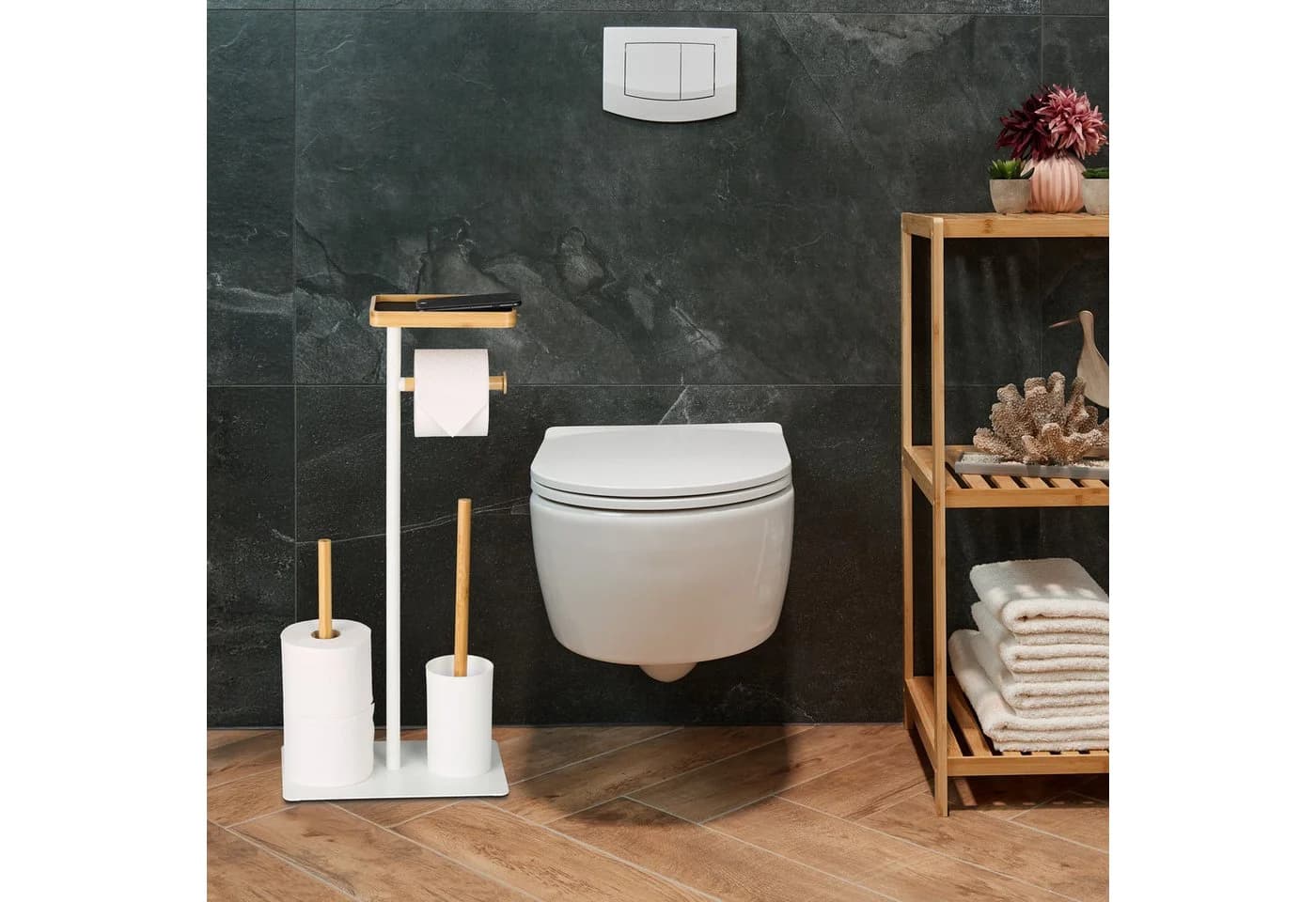 relaxdays WC-Garnitur Bambus & Metall mit Ablage