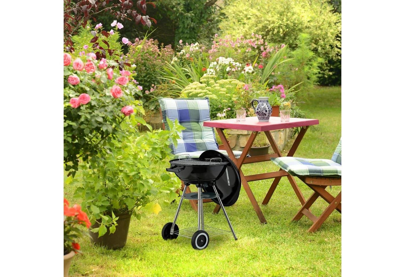 relaxdays Kugelgrill mit Rollen Schwarz Silber