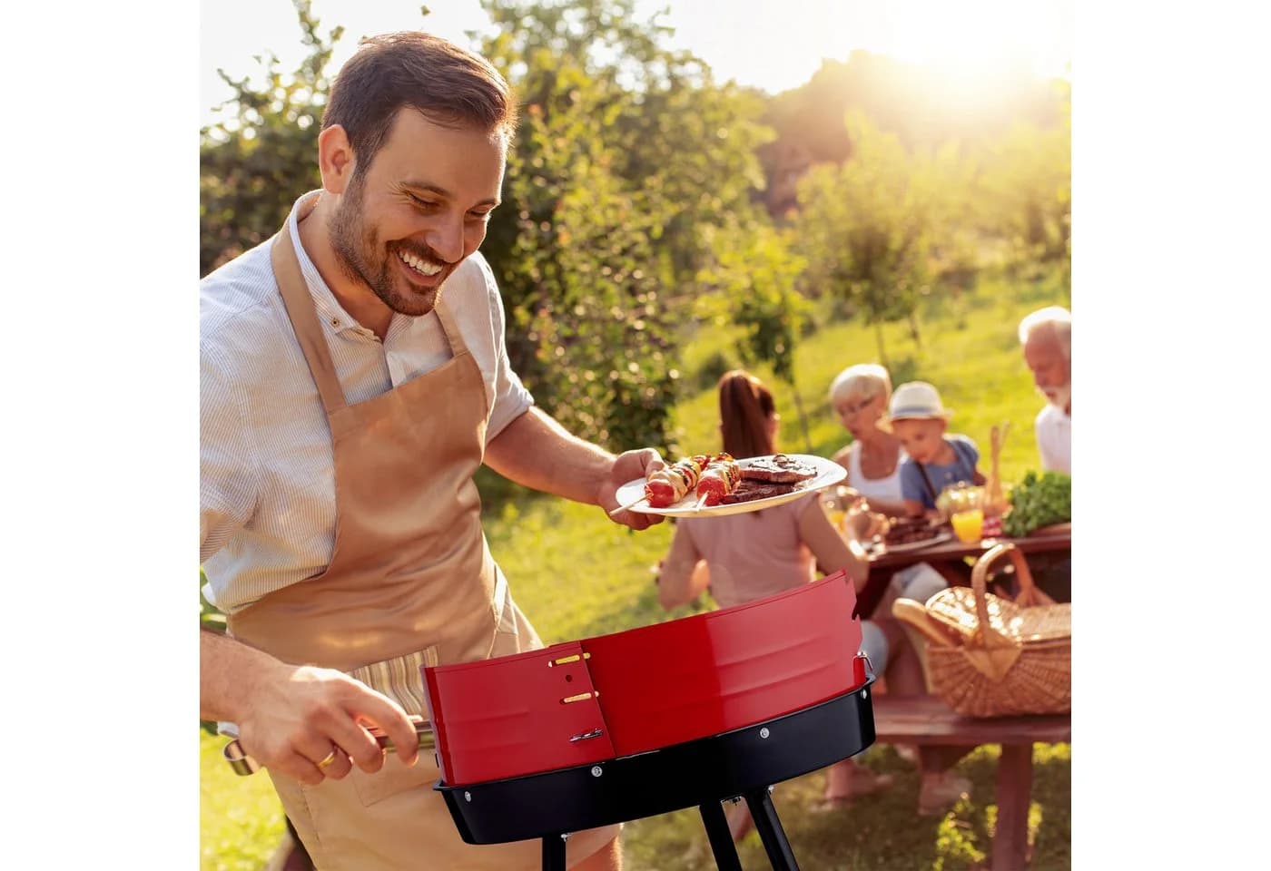 relaxdays Holzkohlegrill 42 cm mit Rollen Schwarz/Rot