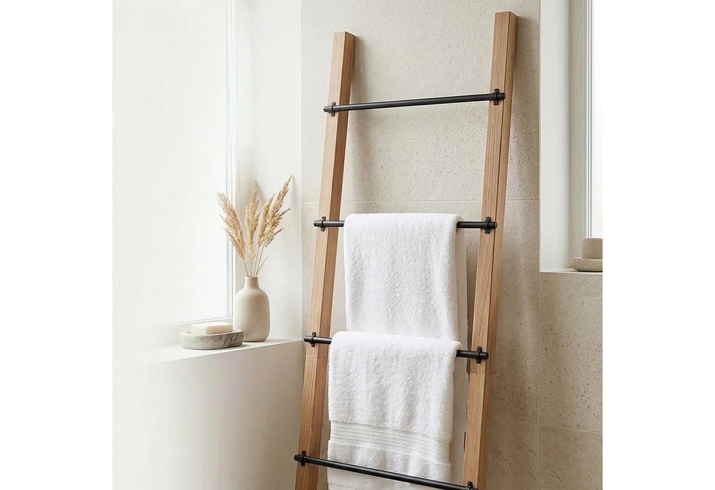 relaxdays Handtuchleiter 4 Sprossen Holz & Metall Braun/Schwarz - Bild 5