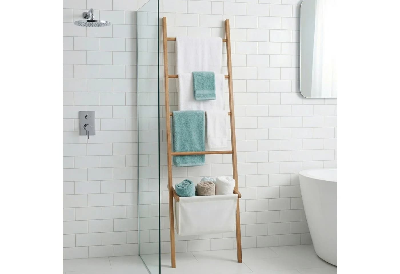 relaxdays Handtuchleiter mit Wäschekorb Beige/Braun Walnussholz