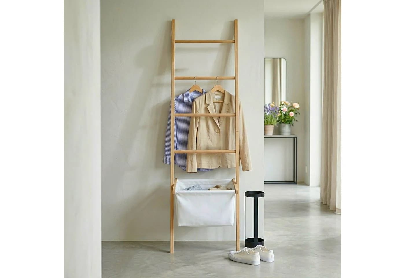 relaxdays Handtuchleiter mit Wäschekorb Beige/Braun Walnussholz - Bild 5