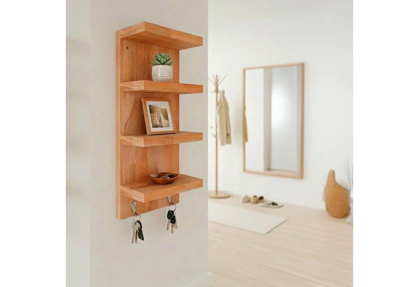 relaxdays Badregal Wandregal mit 4 Ablagen & 2 Haken Walnuss - Bild 5