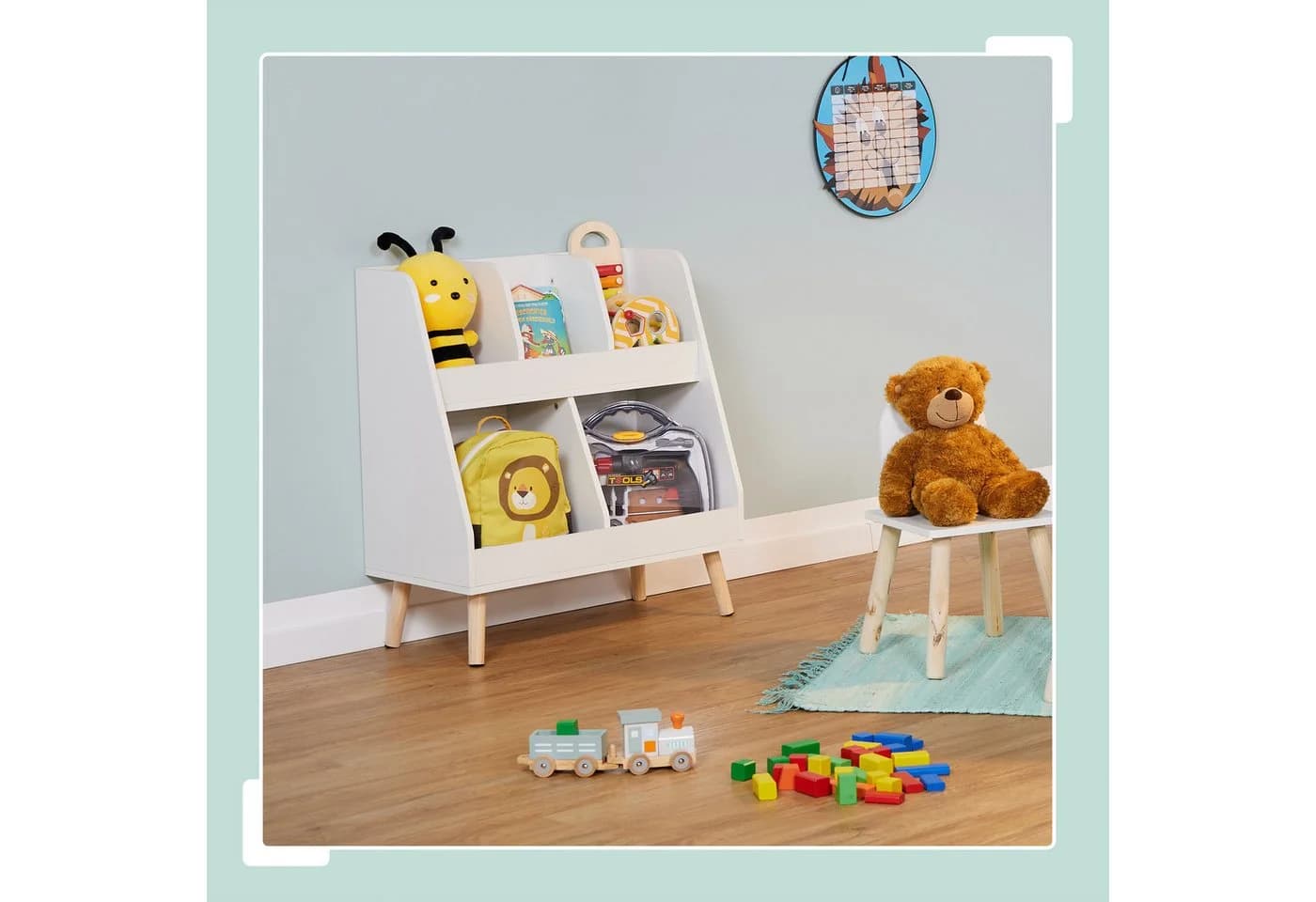 relaxdays Kinderregal Weiß mit 5 Fächern und Holzbeinen