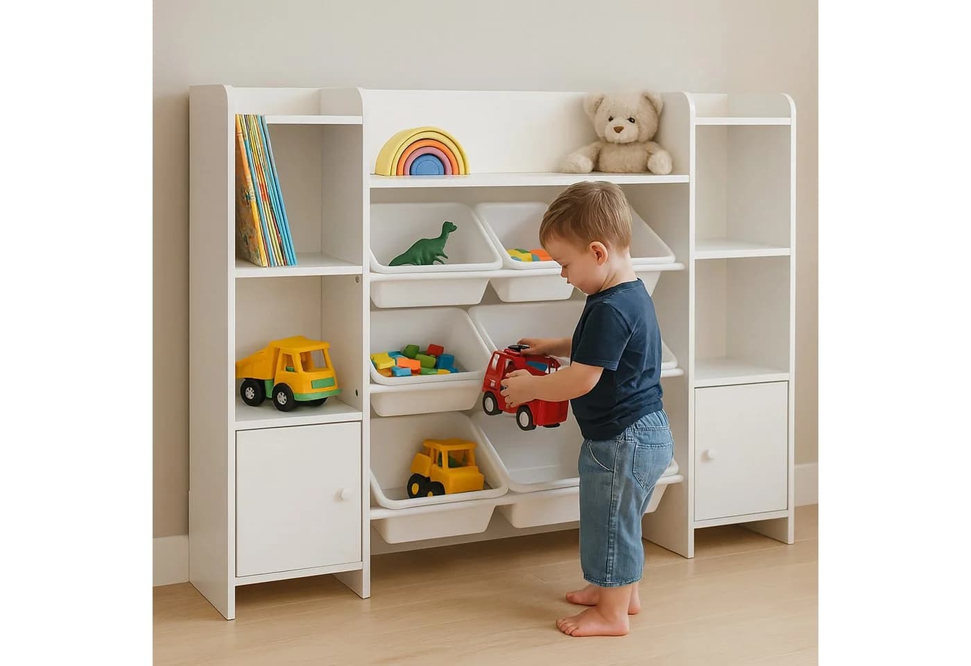 relaxdays Kinderregal mit 8 Boxen, 6 Fächern und 3 Ablagen, Weiß