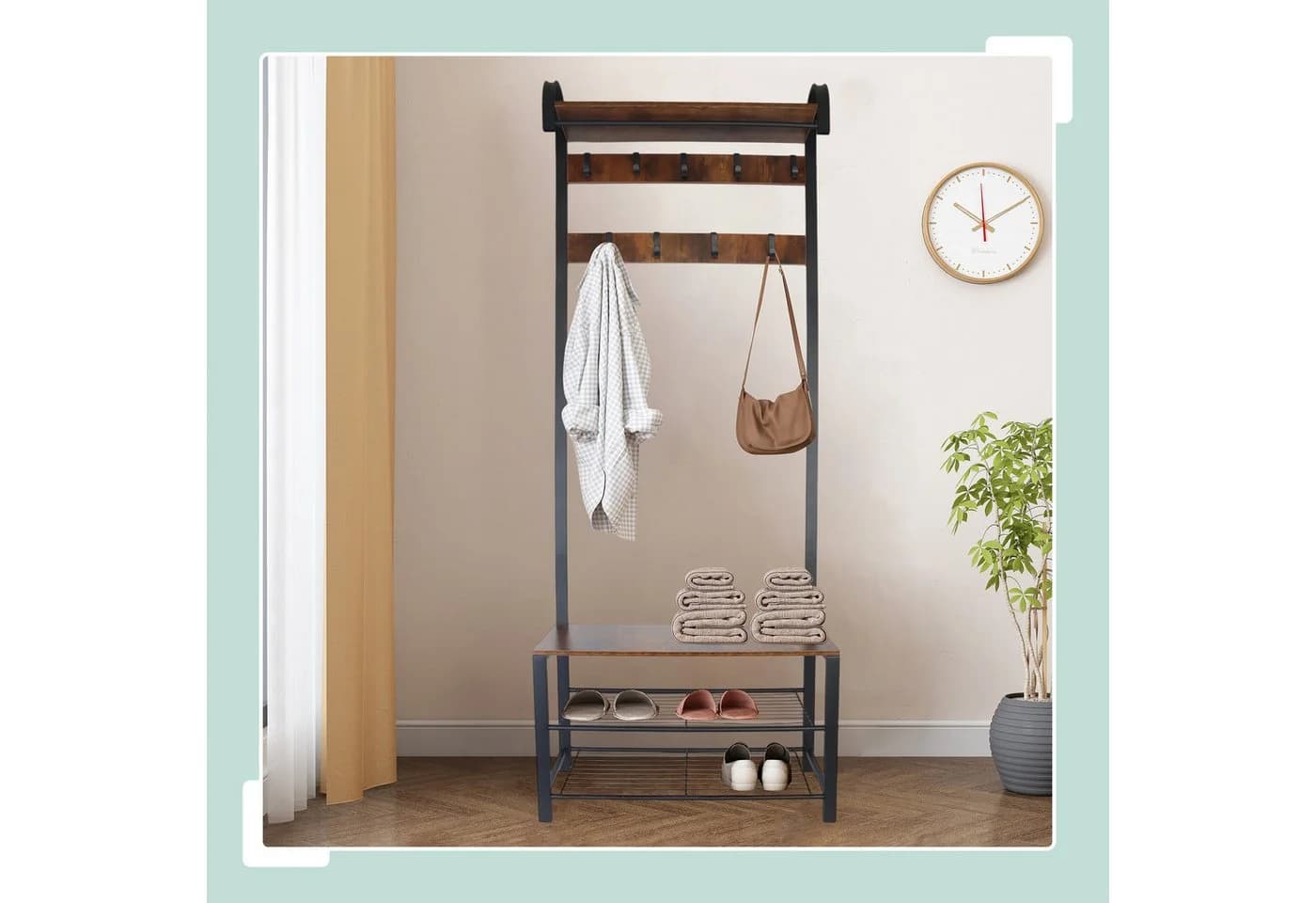 relaxdays Garderobenständer Garderobe mit Schuhbank Schwarz Braun
