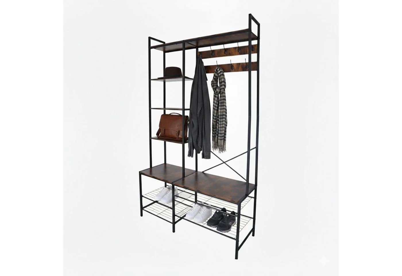 relaxdays Garderobenständer Industrial Design Schwarz/Braun mit Sitzbank - Bild 2