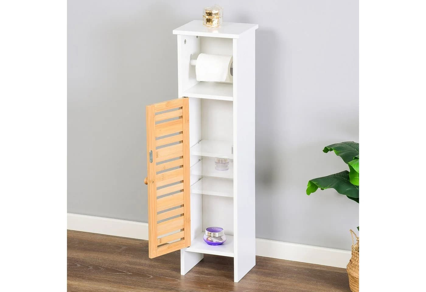 relaxdays Toilettenpapierhalter Stehend 3 Ablage Weiß Bambus - Bild 5