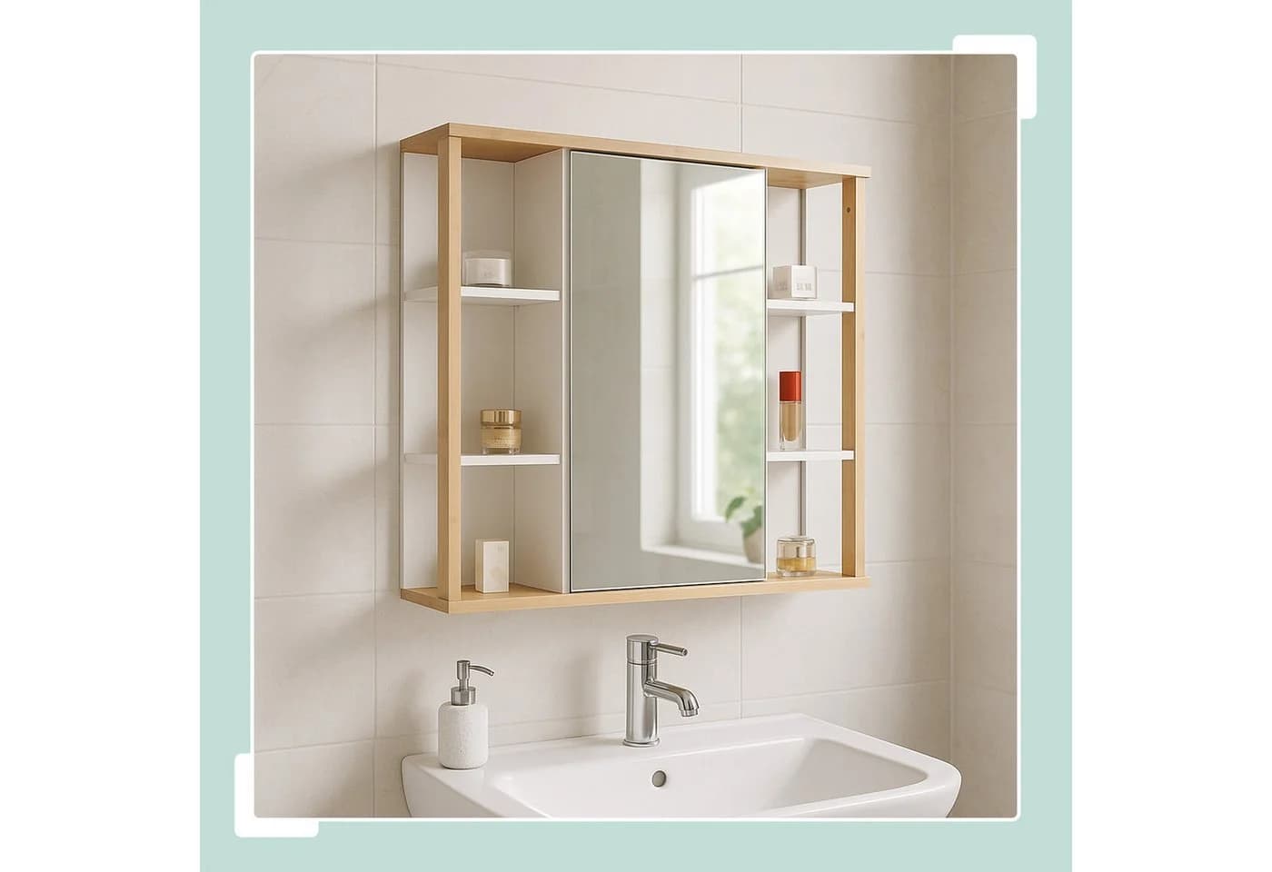 relaxdays Spiegelschrank mit Bambus Dekor - MDF, Glas, Weiß/Natur - 64x62x21 cm