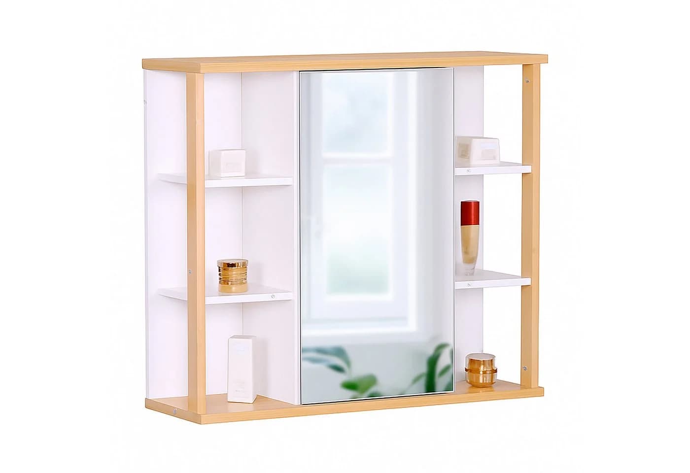 relaxdays Spiegelschrank mit Bambus Dekor - MDF, Glas, Weiß/Natur - 64x62x21 cm - Bild 2