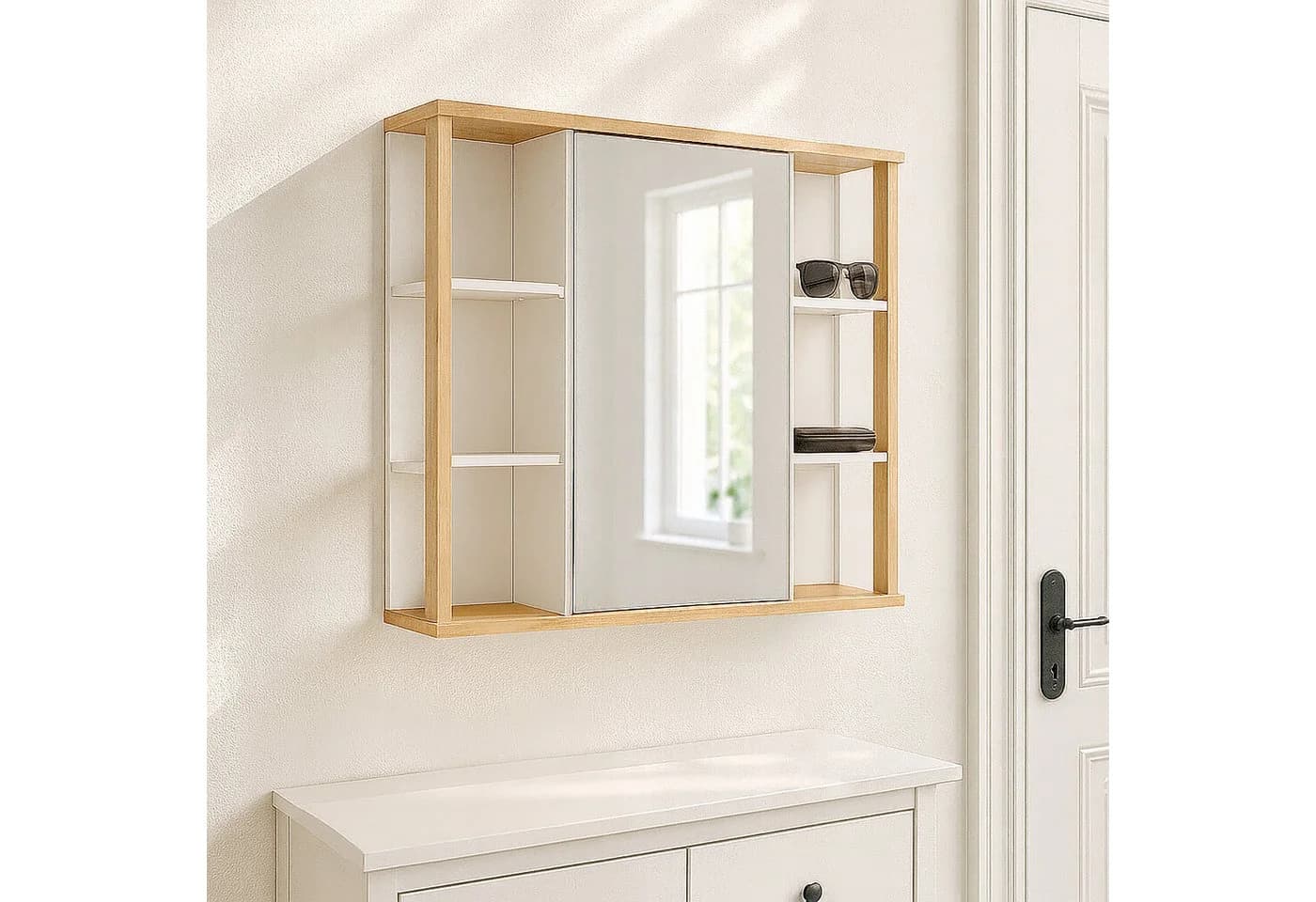 relaxdays Spiegelschrank mit Bambus Dekor - MDF, Glas, Weiß/Natur - 64x62x21 cm - Bild 3