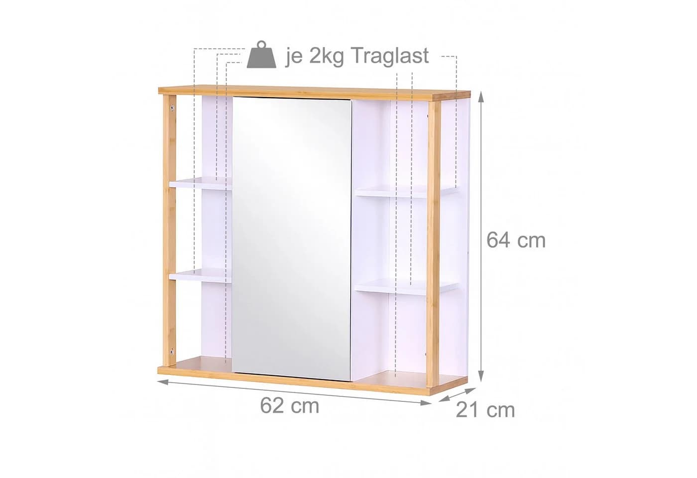 relaxdays Spiegelschrank mit Bambus Dekor - MDF, Glas, Weiß/Natur - 64x62x21 cm - Bild 4