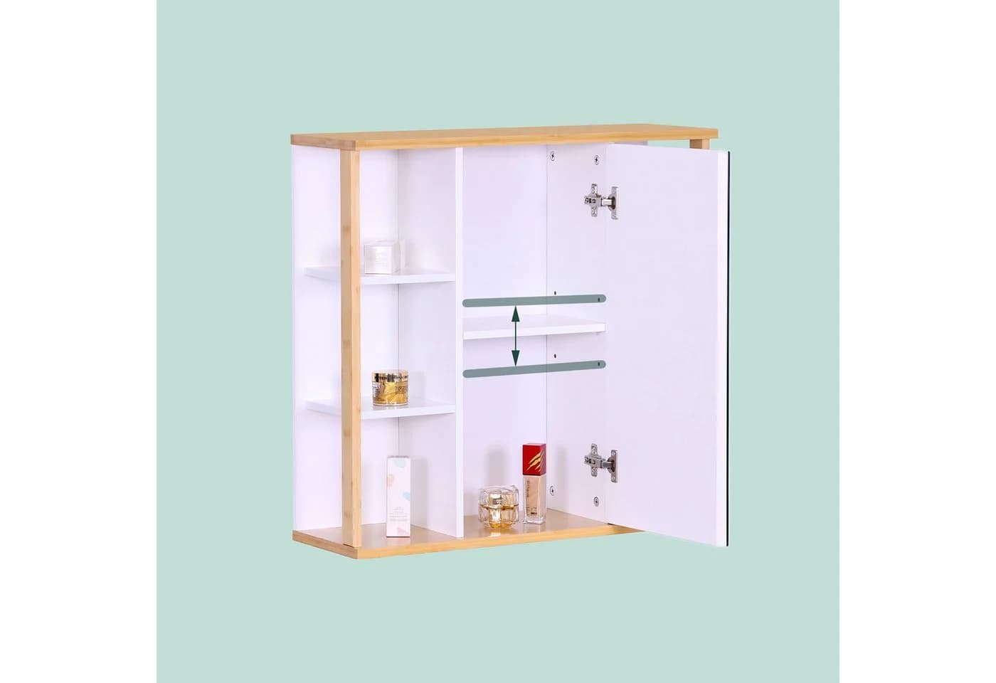 relaxdays Spiegelschrank mit Bambus Dekor - MDF, Glas, Weiß/Natur - 64x62x21 cm - Bild 5