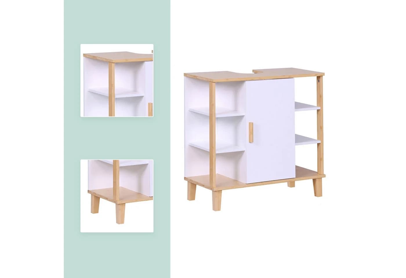 relaxdays Waschbeckenunterschrank Tür & Ablage Weiß/Bambus - Bild 5