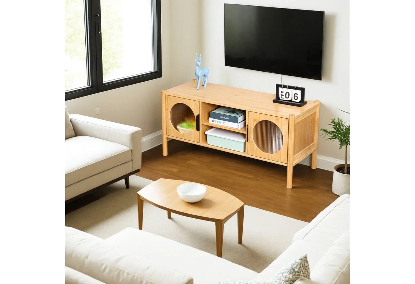 RELAXDAYS TV-Board mit 2 Türen Natur Bambus Acrylglas