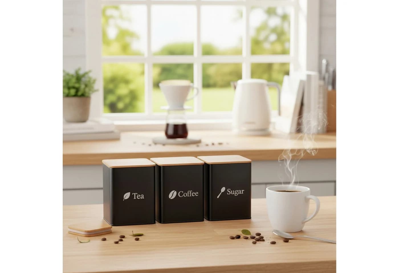 relaxdays Vorratsdose 3er Set Kaffee Tee Zucker Stahl Schwarz
