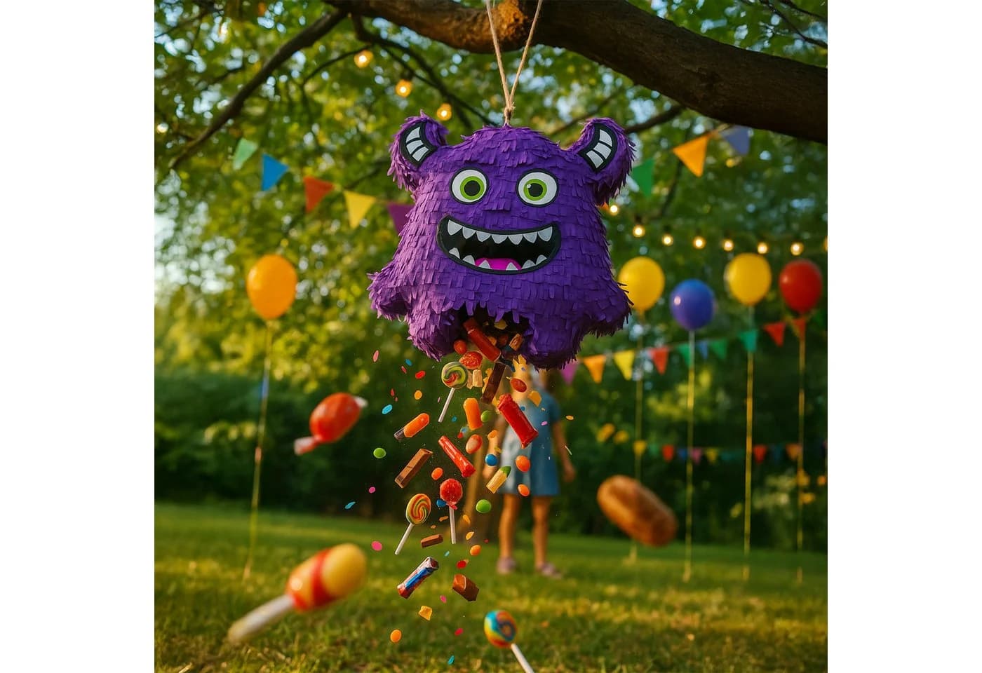 RELAXDAYS Pinata Set Monster mit Stab und Maske Lila