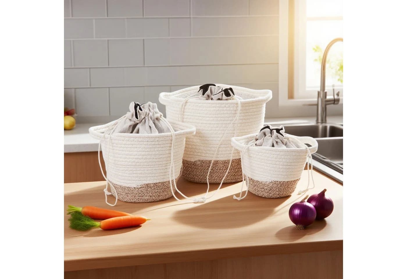 relaxdays 3er Set Gemüsebeutel aus Baumwolle für Kartoffeln & Zwiebeln - Bild 3