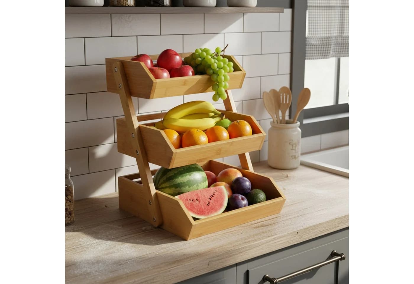 relaxdays Obst-Etagere Bambus 3 Etagen Natur
