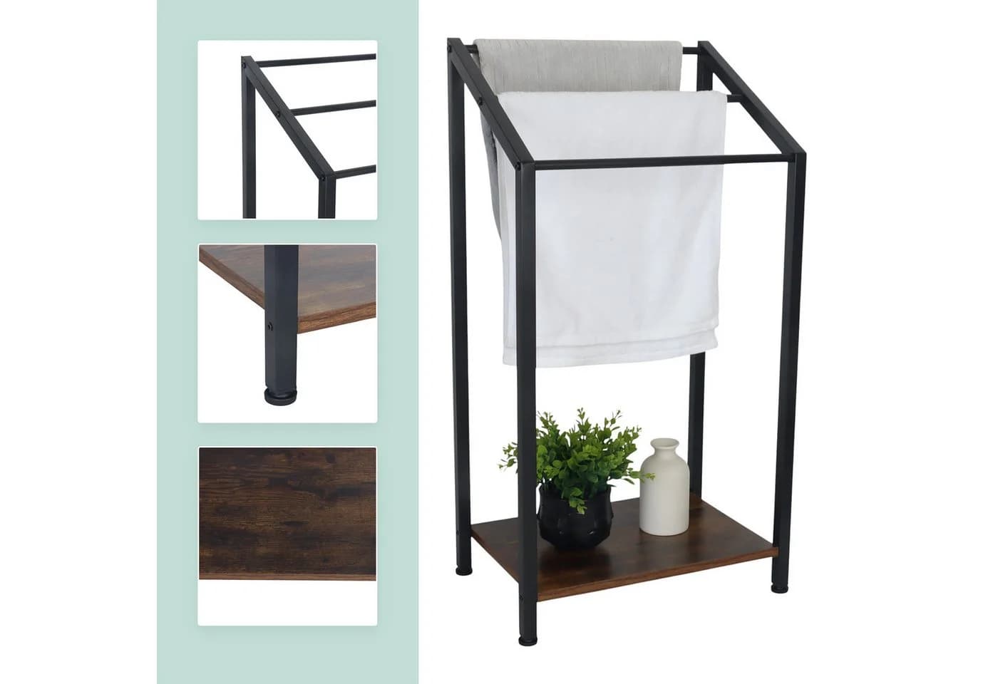 relaxdays Handtuchständer mit Ablage Industrial Design Schwarz Braun - Bild 5
