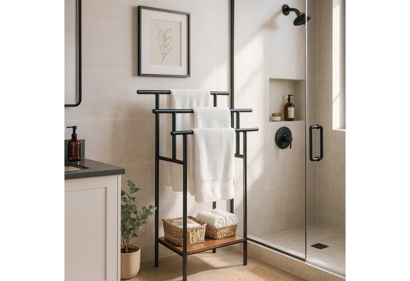 relaxdays Handtuchständer mit Ablage Braun Schwarz - Bild 3