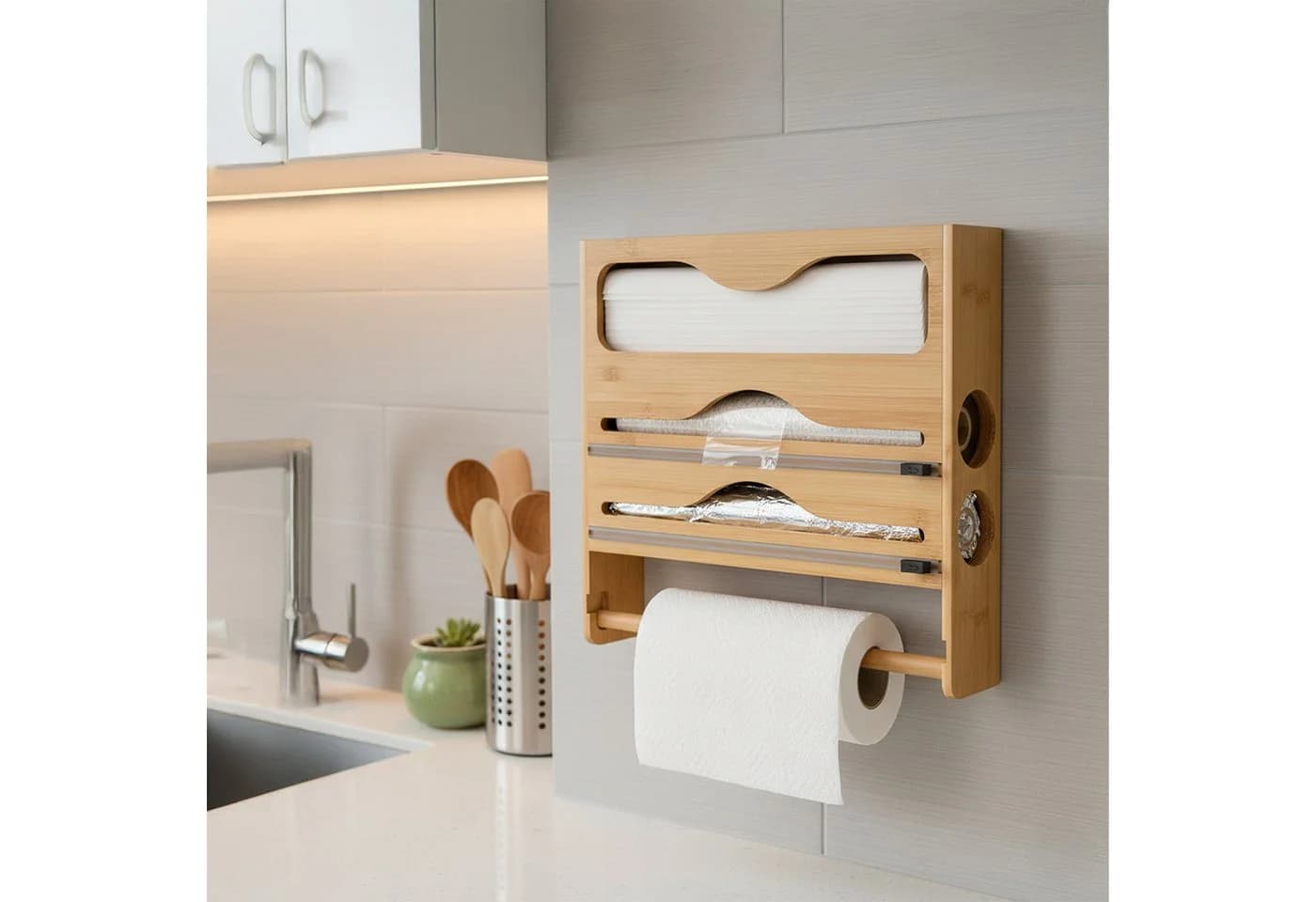 relaxdays Wandrollenhalter Küche 4-in-1 Bambus mit Schneider - Bild 3