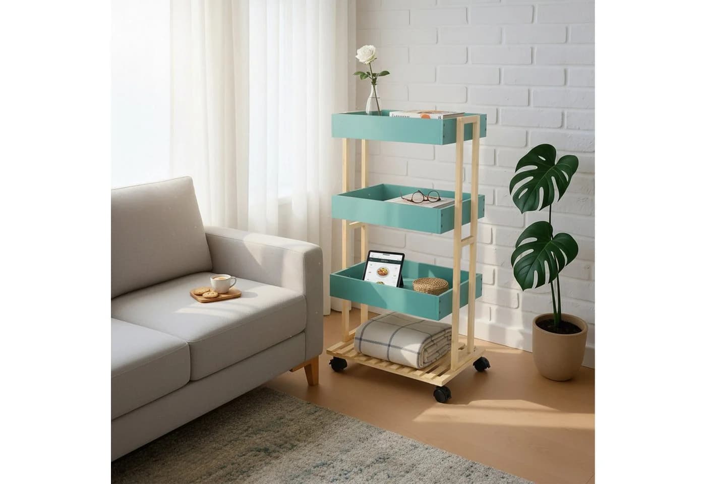 relaxdays Servierwagen Bambus 4 Etagen Mint