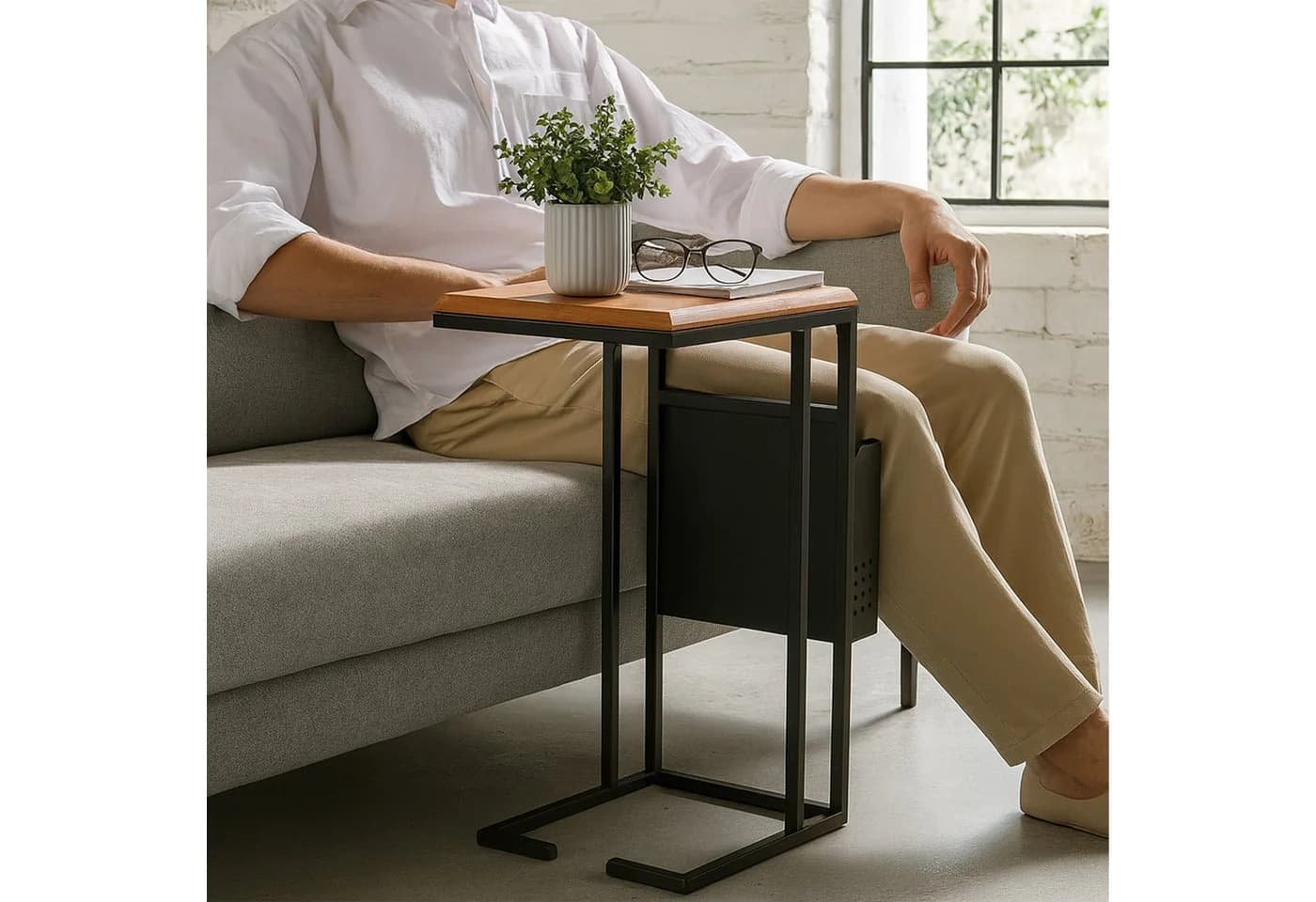 RELAXDAYS Beistelltisch C-Form mit Zeitungsablage Braun/Schwarz - Bild 3