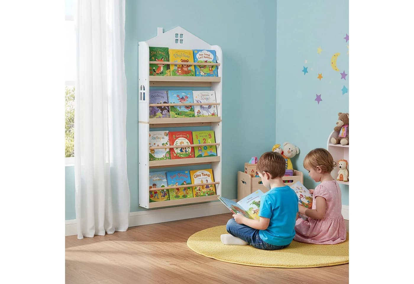 relaxdays Kinderregal Bücherregal Hausform Weiß/Natur