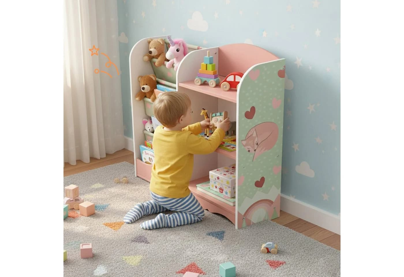 relaxdays Kinderregal 7 Fächer Fuchs-Motiv Rosa Grün Weiß