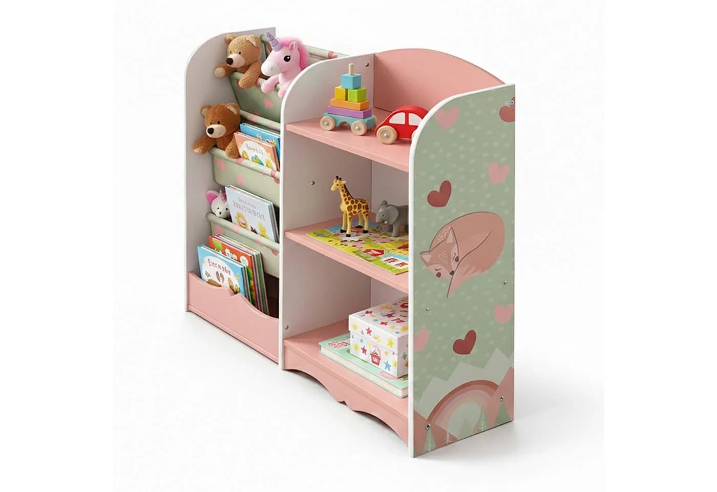 relaxdays Kinderregal 7 Fächer Fuchs-Motiv Rosa Grün Weiß - Bild 2