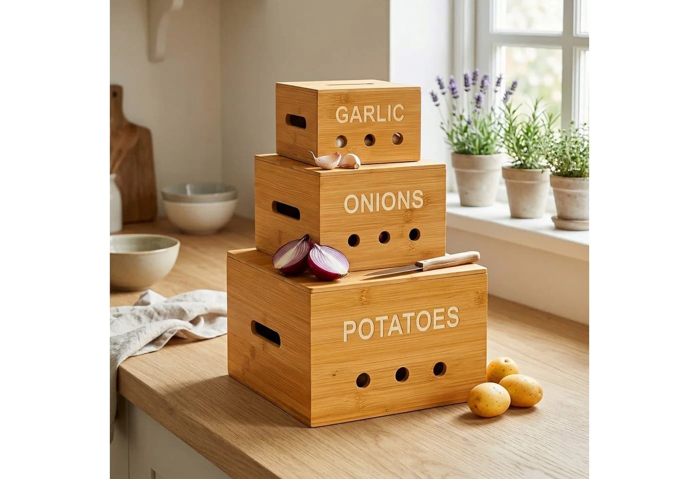 relaxdays Kartoffelkiste Bambus Aufbewahrungsboxen Set für Küche - Bild 3