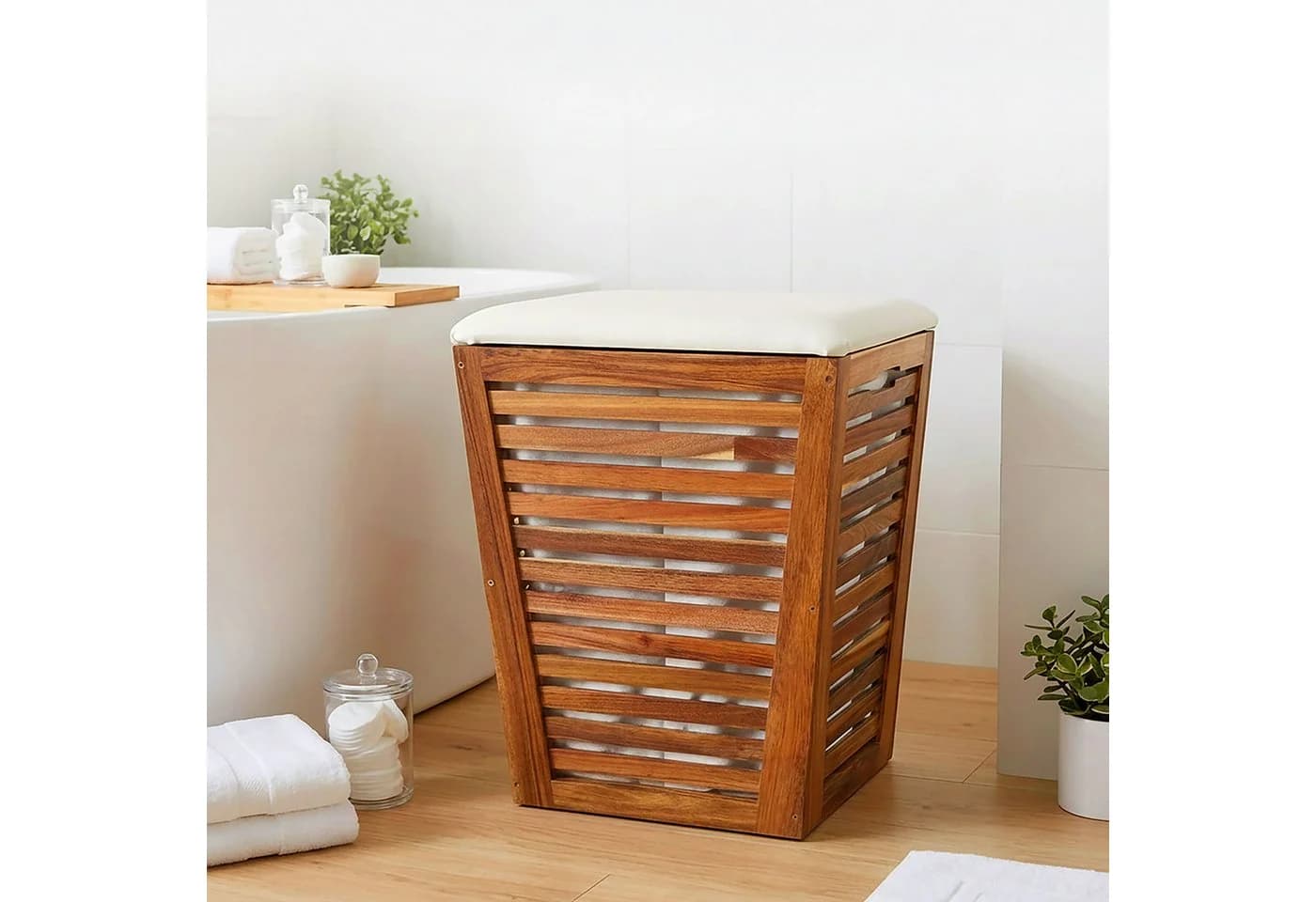 relaxdays Wäschetruhe mit Sitz aus Akazienholz Braun/Weiß