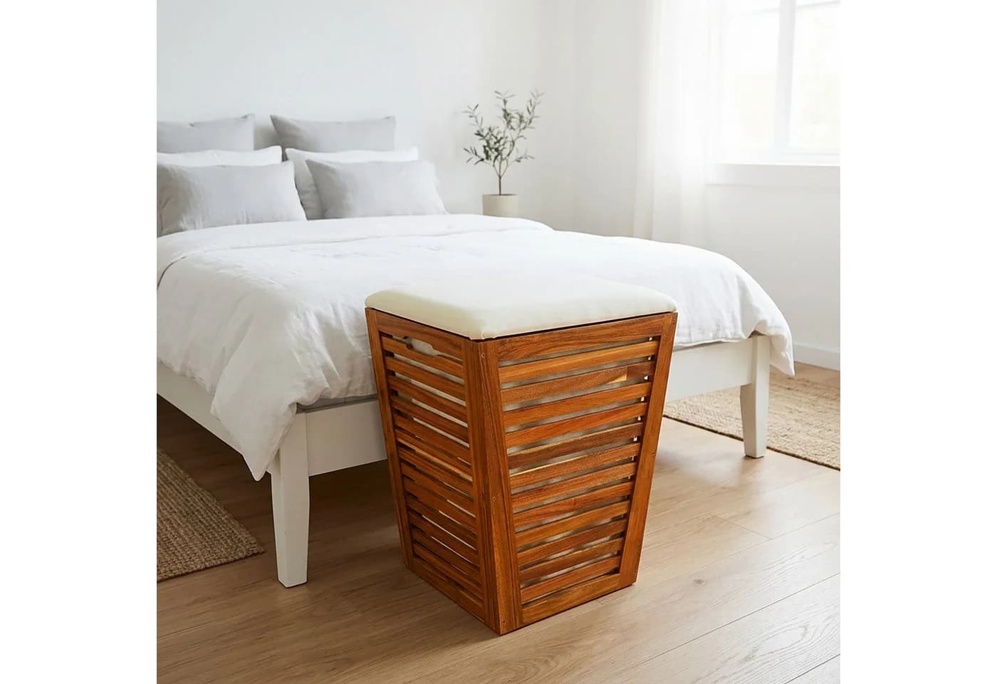 relaxdays Wäschetruhe mit Sitz aus Akazienholz Braun/Weiß - Bild 5