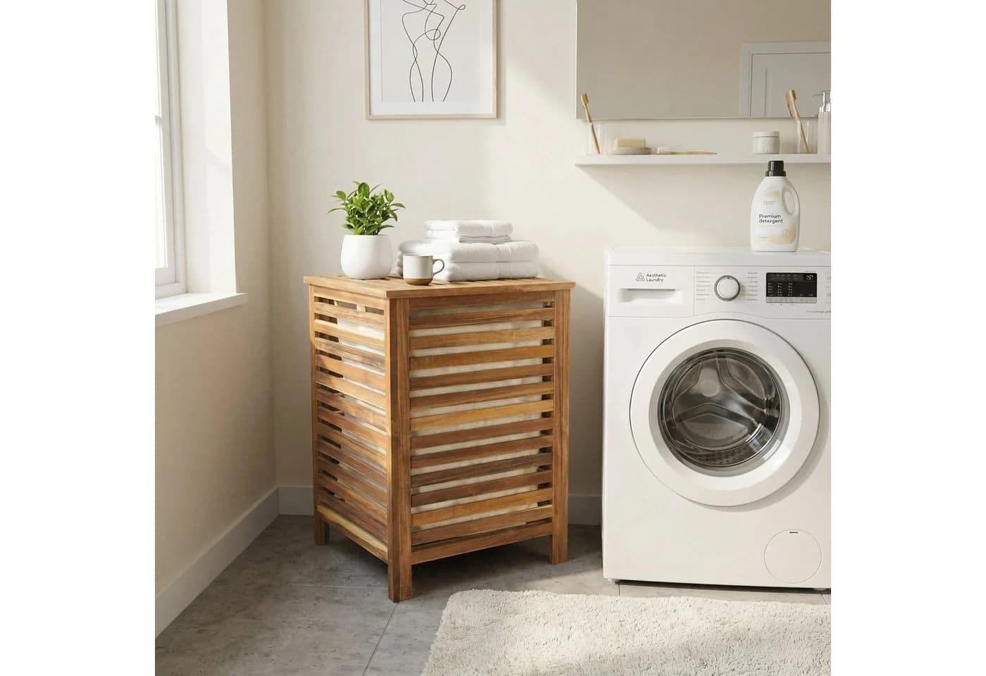 relaxdays Wäschetruhe Akazie mit Deckel & Sack Braun - Bild 5