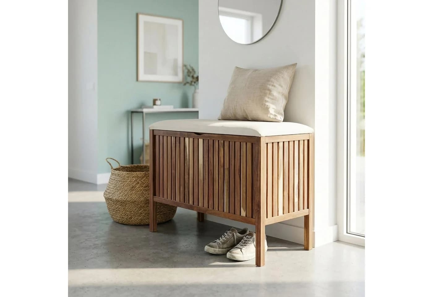relaxdays Wäschetruhe aus Akazienholz mit weißem Sitzpolster - Bild 3